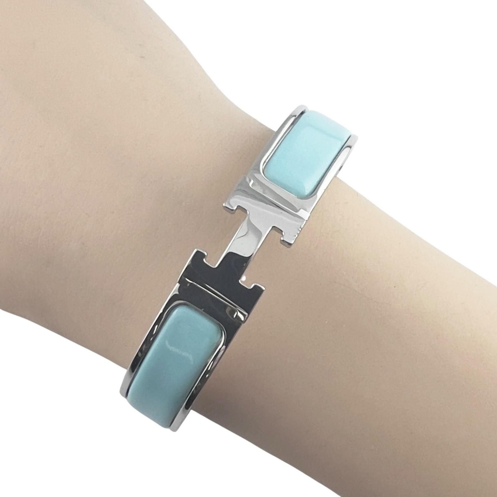 Hermes Clic H Enamel Light Blue Bangle Silver Bracelet — view 3