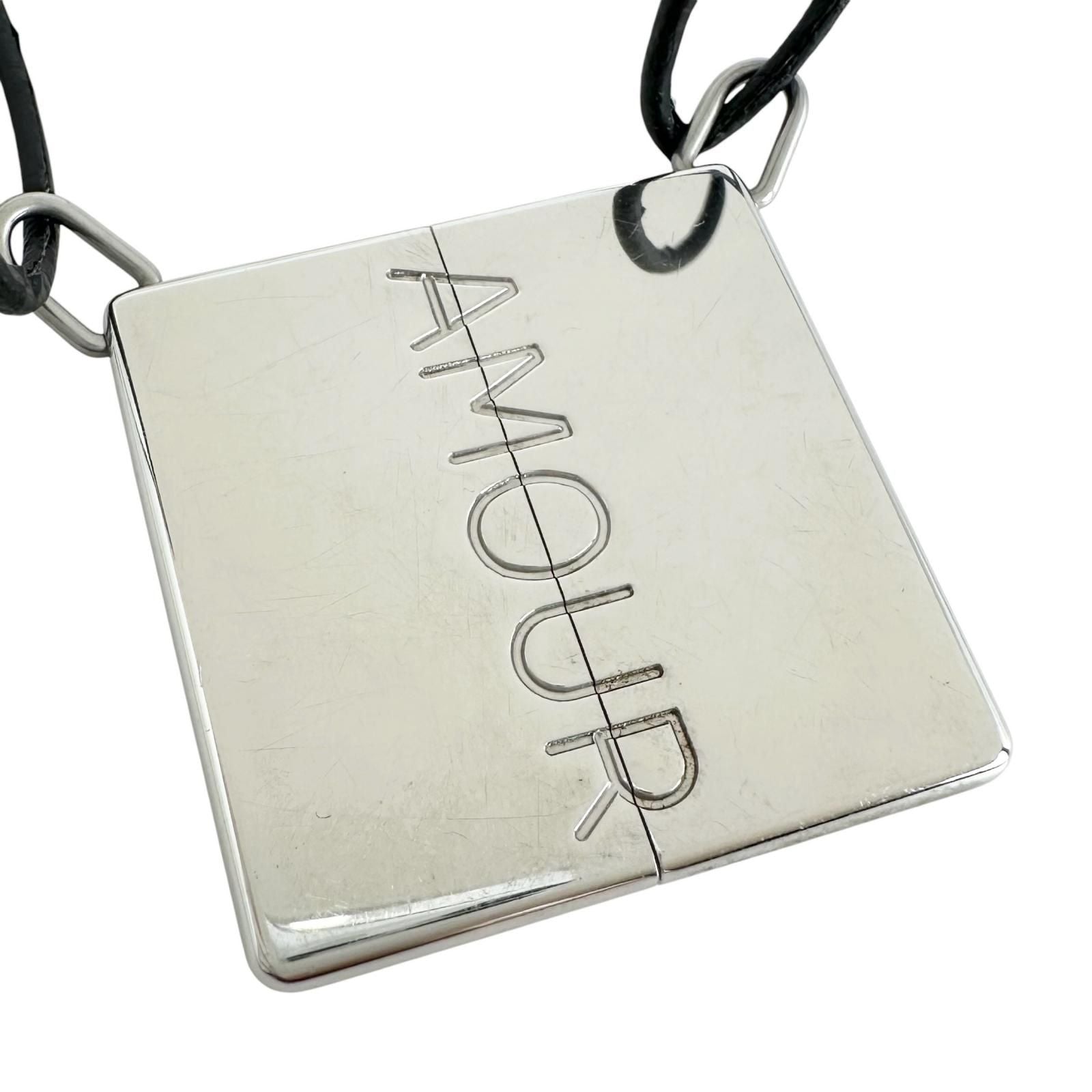 Hermes Amour Symbol Pendant Leather Metal Silver Black Necklace