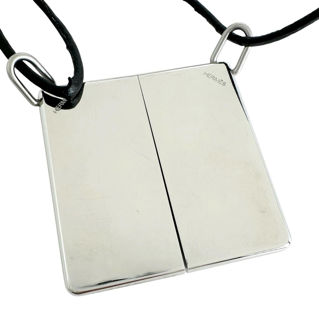 Hermes Amour Symbol Pendant Leather Metal Silver Black Necklace — view 2
