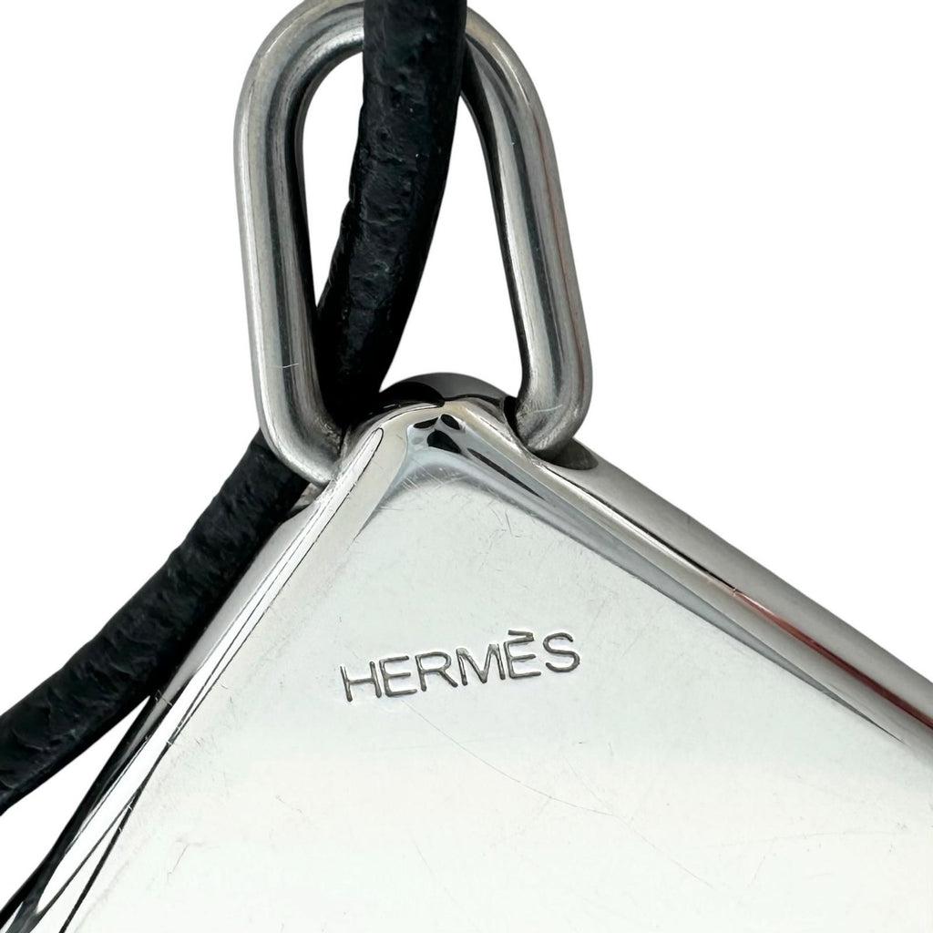 Hermes Amour Symbol Pendant Leather Metal Silver Black Necklace — view 6