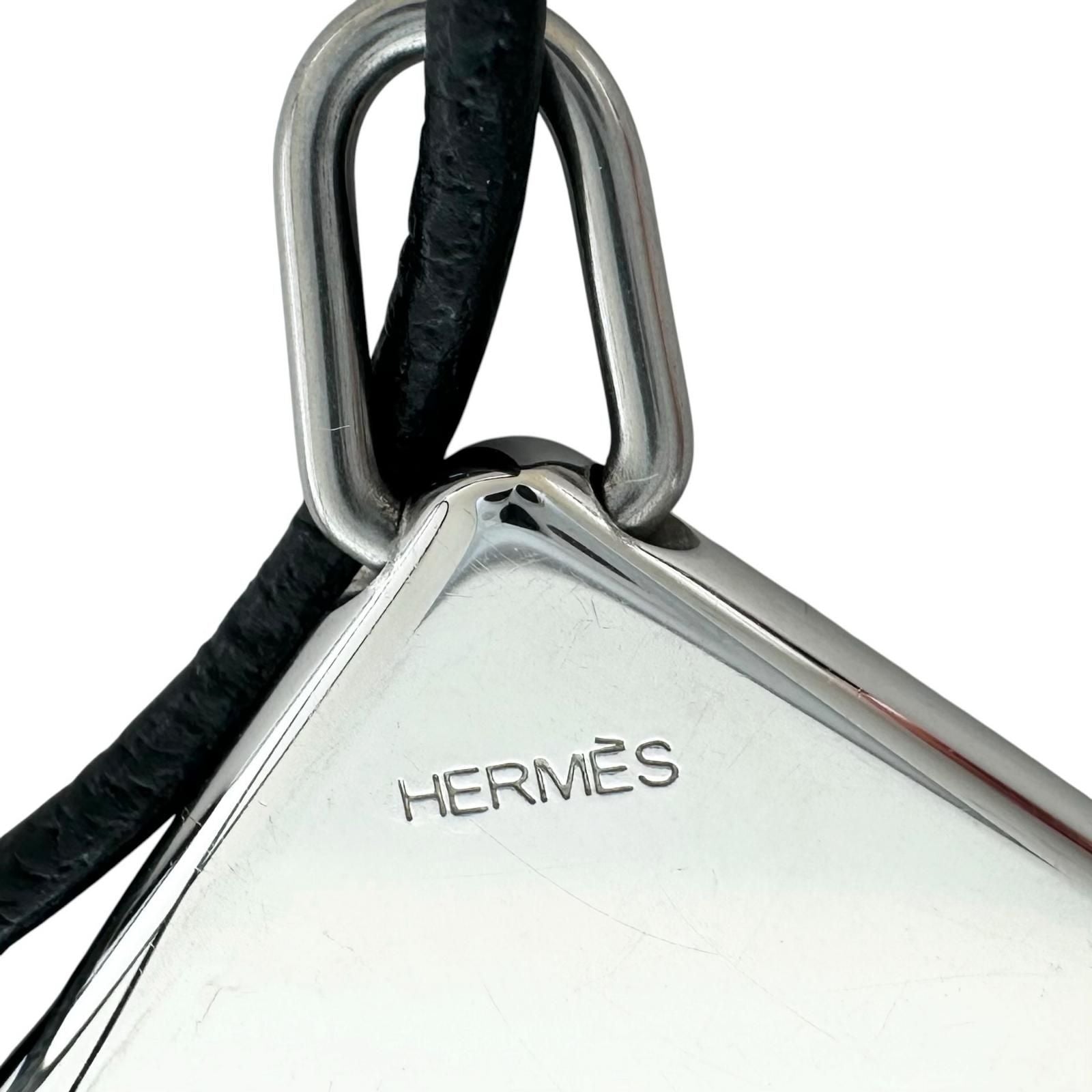 Hermes Amour Symbol Pendant Leather Metal Silver Black Necklace — view 6