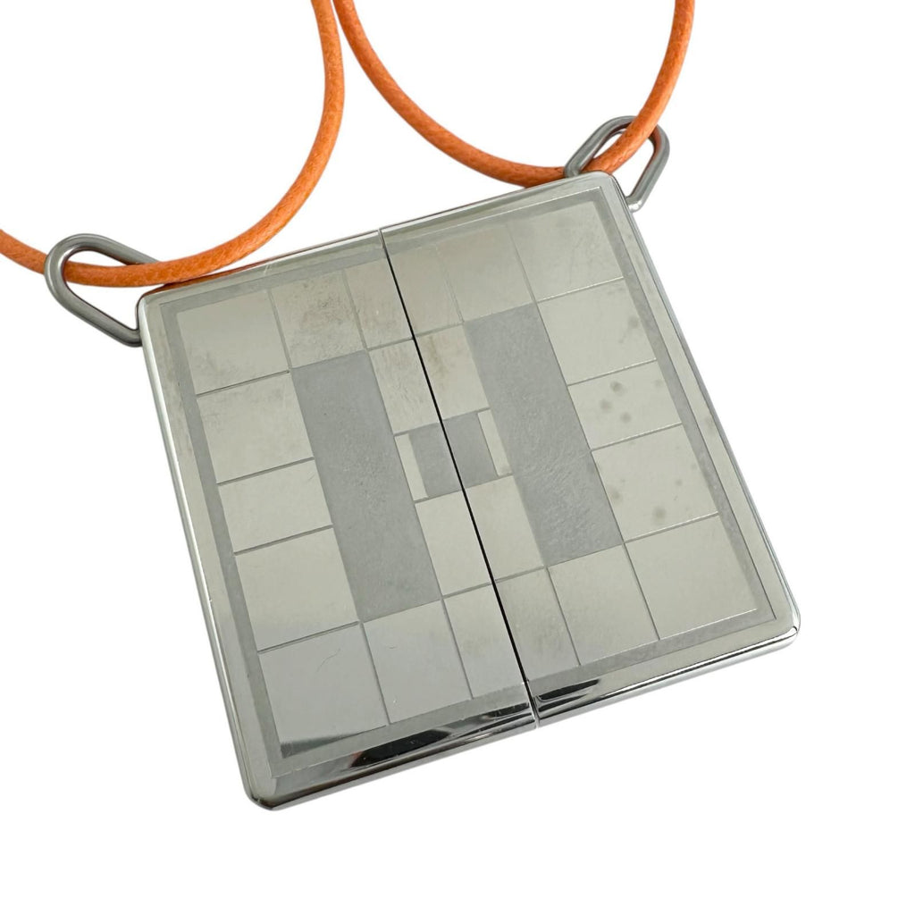 Hermes Symbol Pendant Leather Metal Orange Silver Necklace