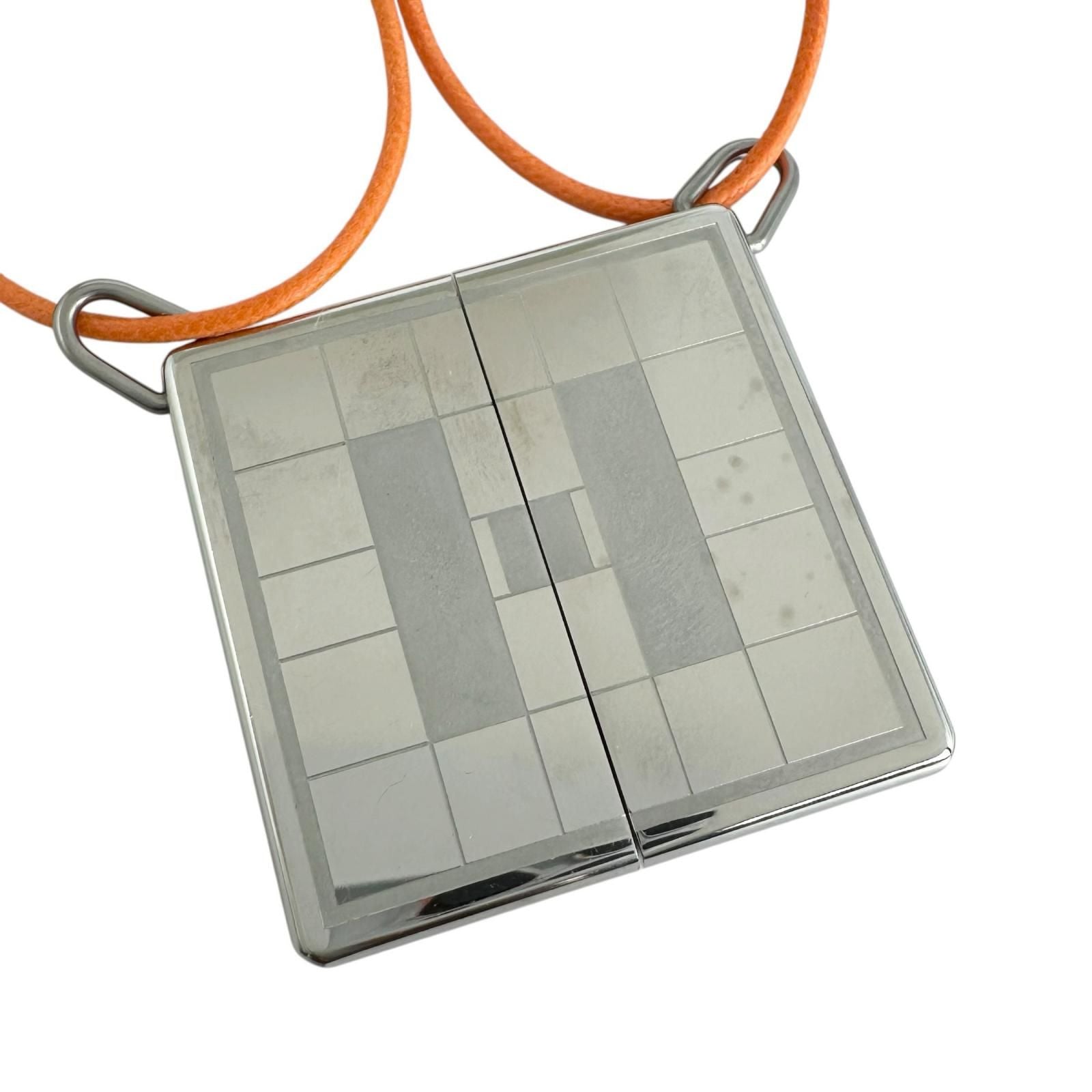 Hermes Symbol Pendant Leather Metal Orange Silver Necklace