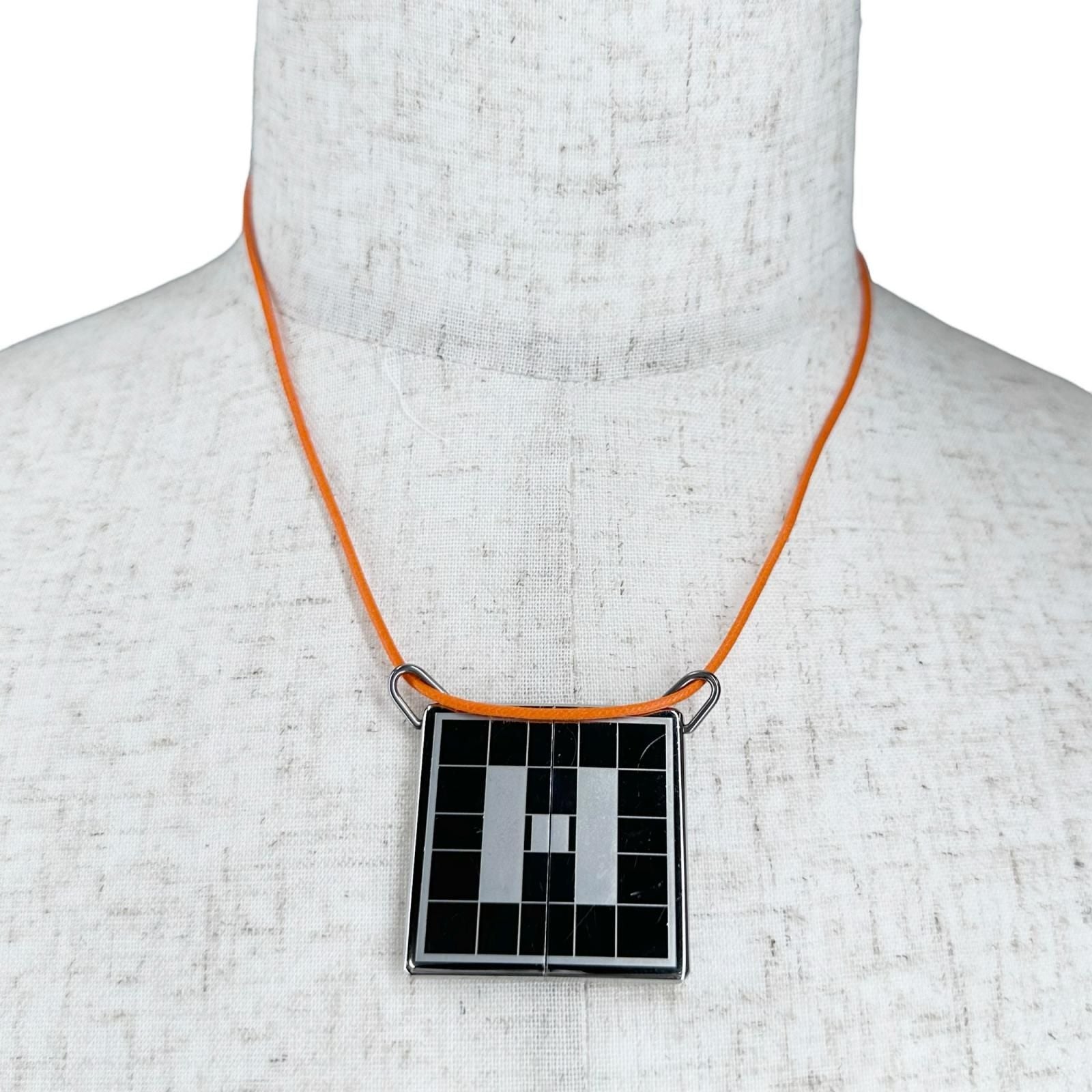 Hermes Symbol Pendant Leather Metal Orange Silver Necklace — view 3