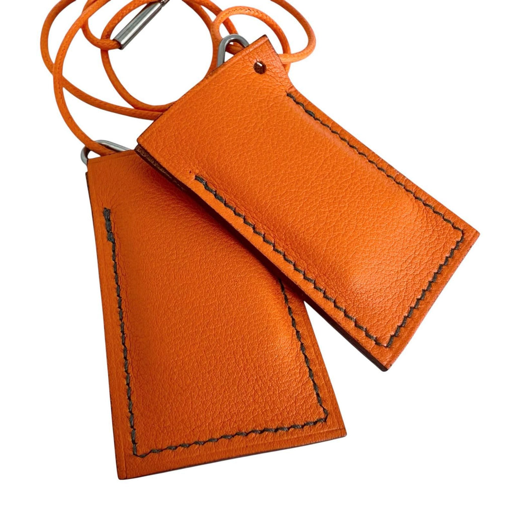 Hermes Symbol Pendant Leather Metal Orange Silver Necklace — view 8