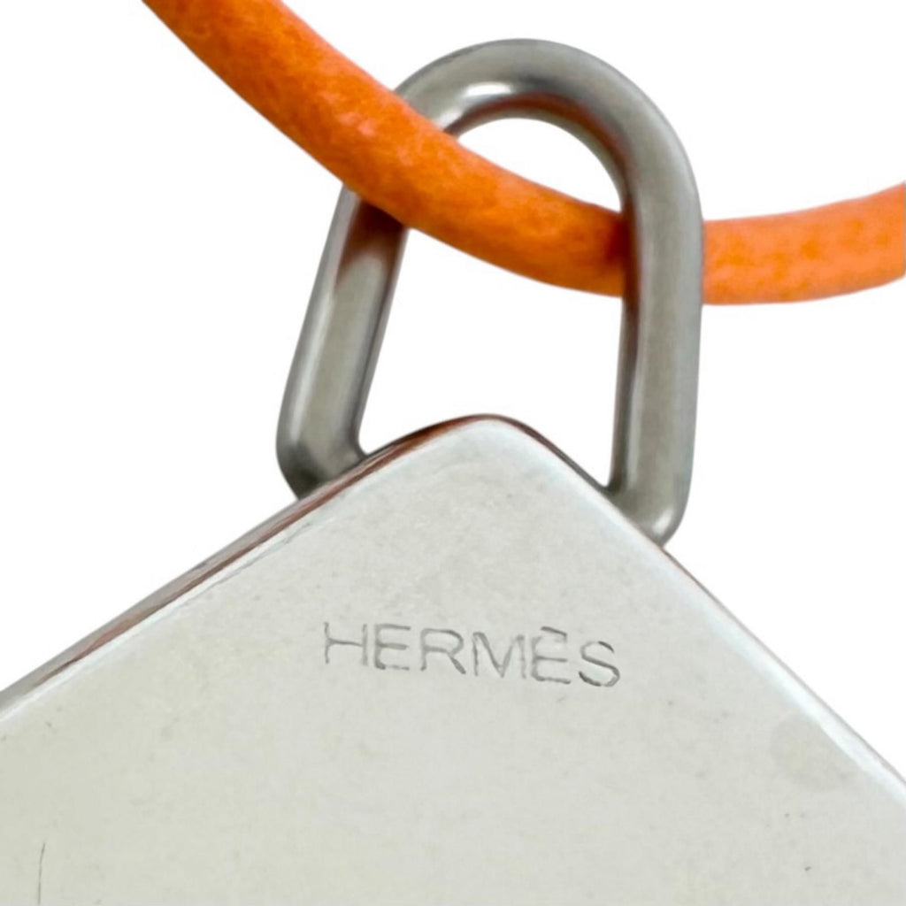 Hermes Symbol Pendant Leather Metal Orange Silver Necklace — view 9