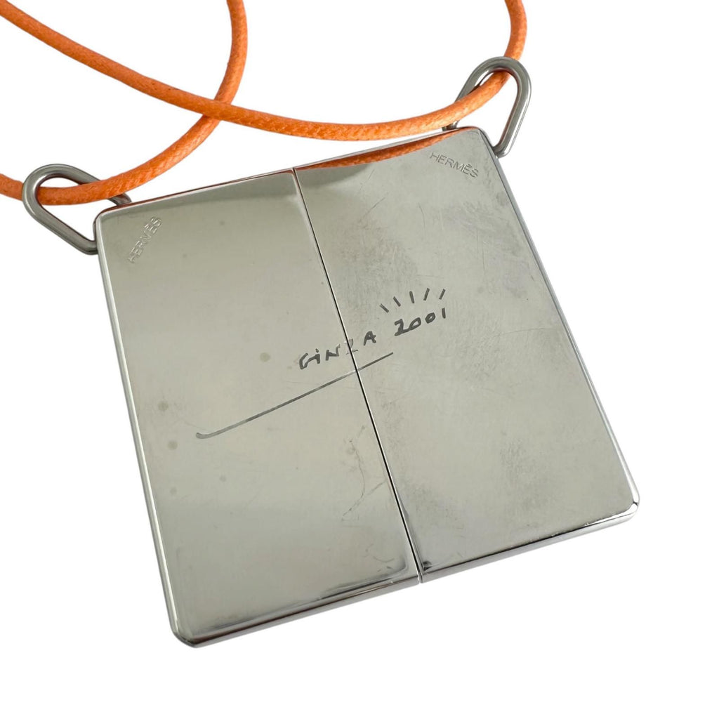 Hermes Symbol Pendant Leather Metal Orange Silver Necklace — view 2