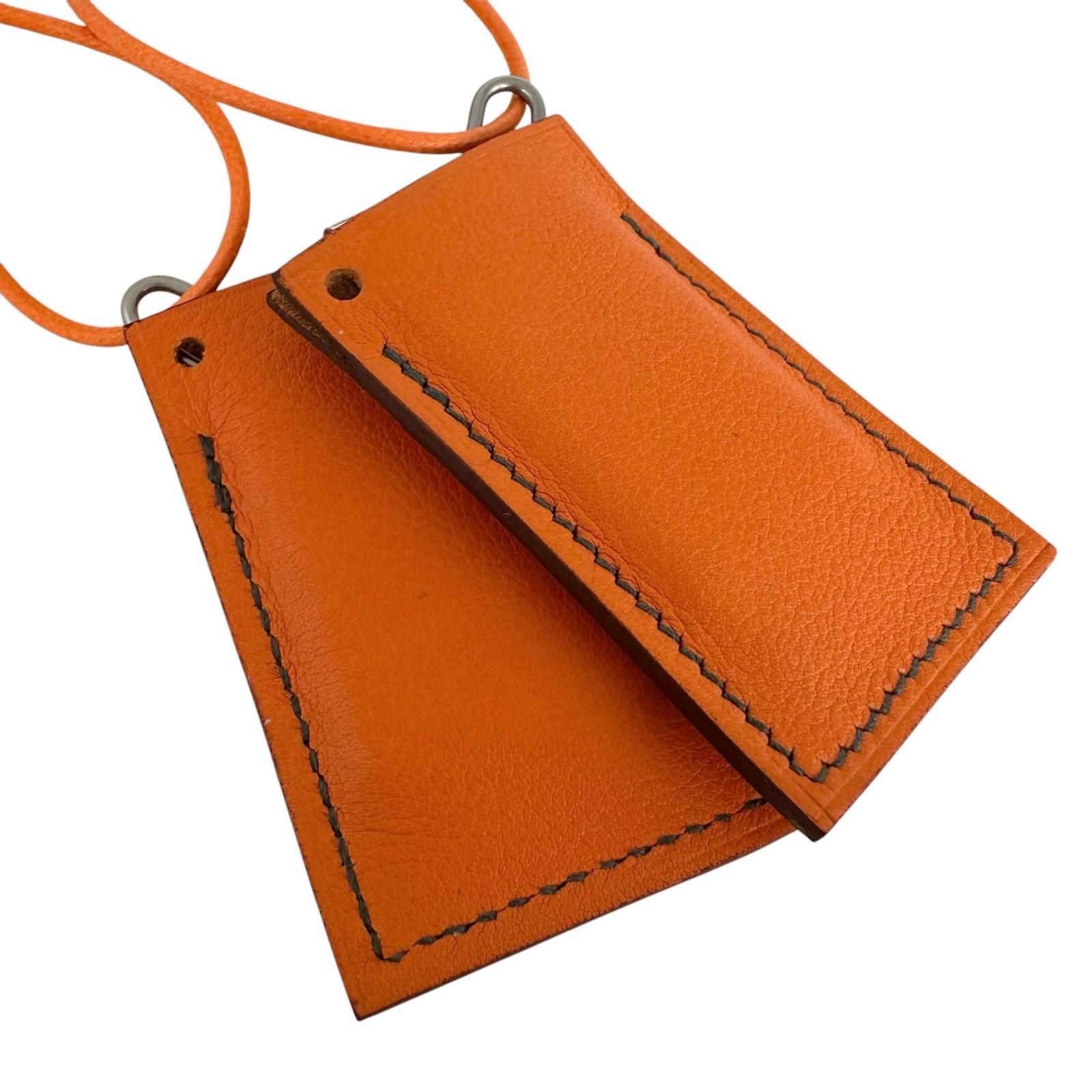 Hermes Symbol Pendant Leather Metal Orange Silver Necklace — view 7