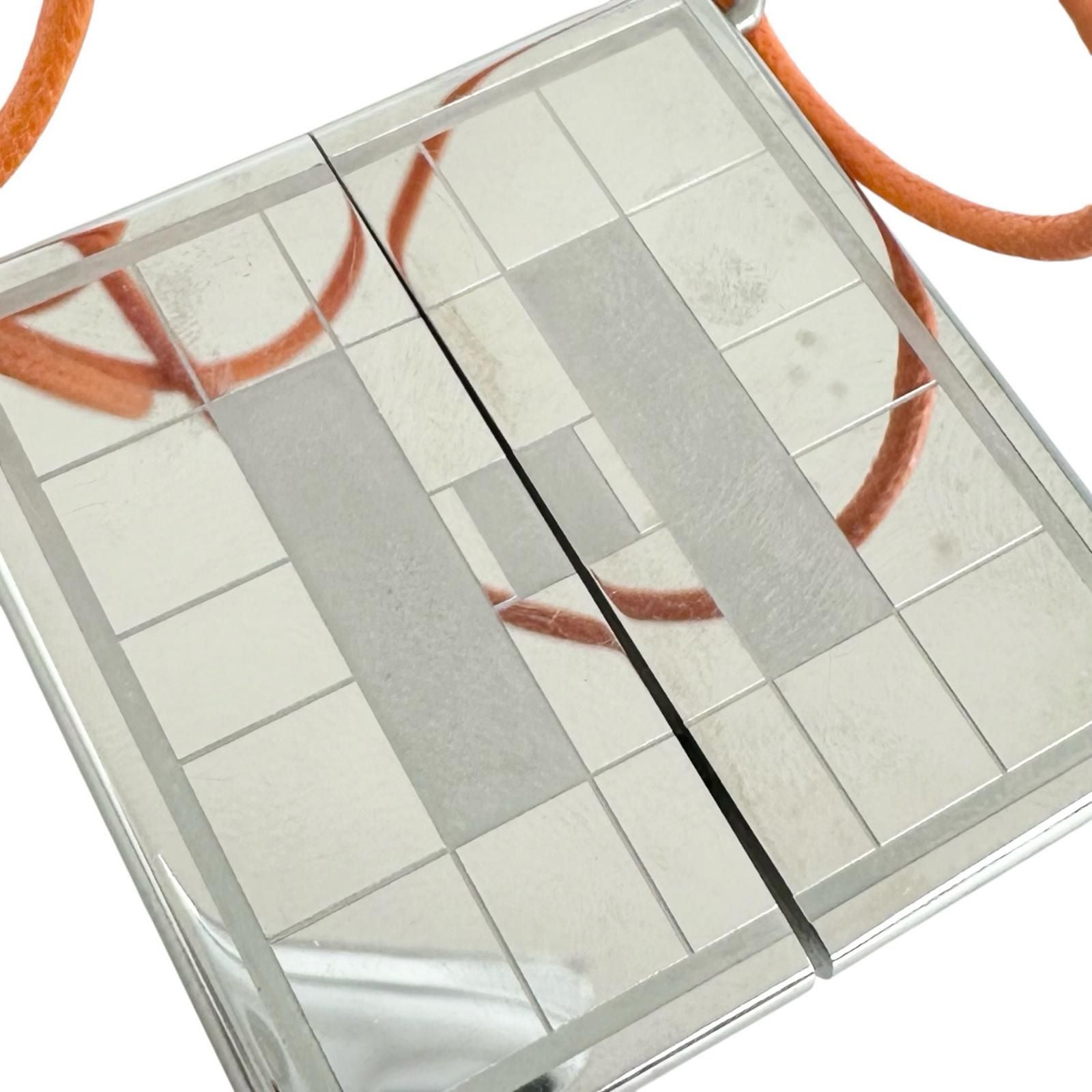 Hermes Symbol Pendant Leather Metal Orange Silver Necklace — view 5