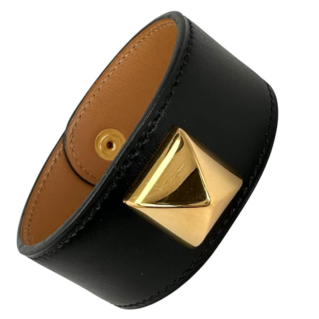 Hermes Leather Brown Black Bangle Gold Bracelet