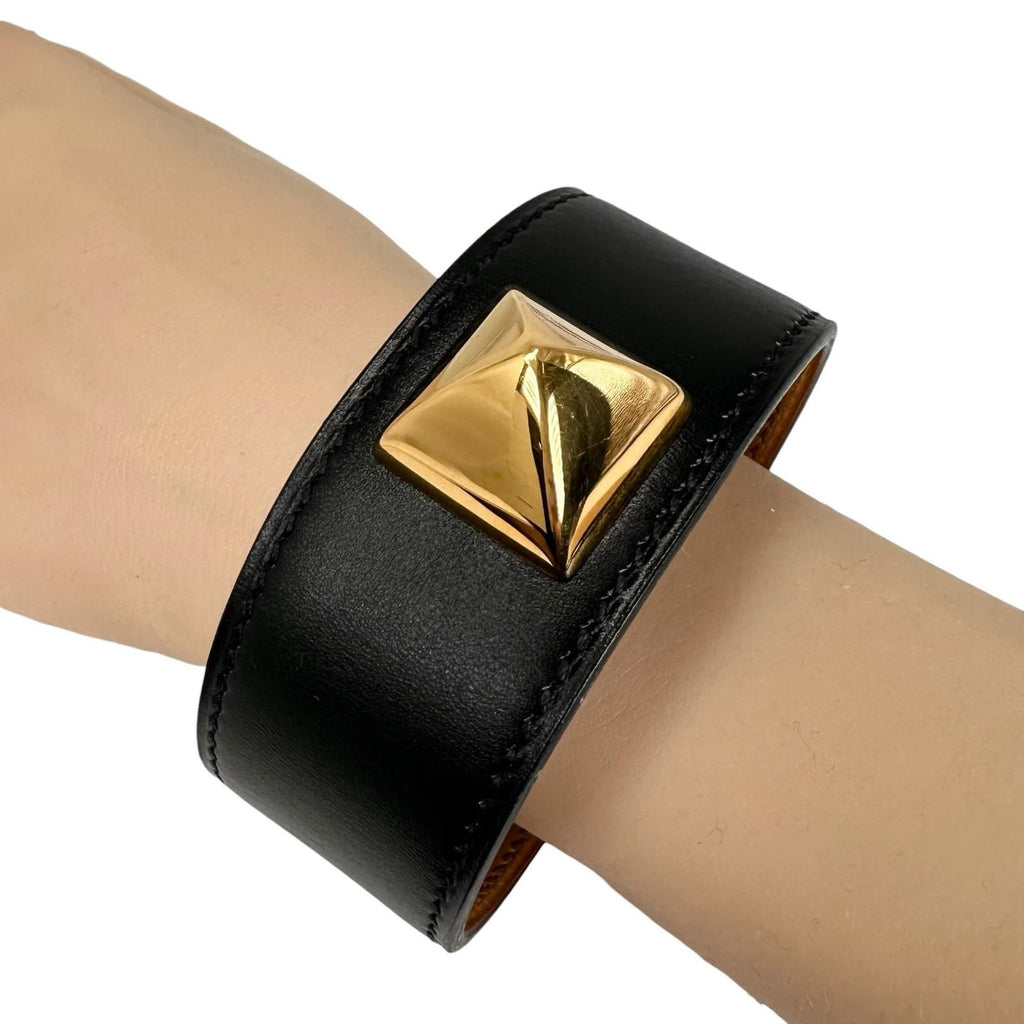 Hermes Leather Brown Black Bangle Gold Bracelet — view 4