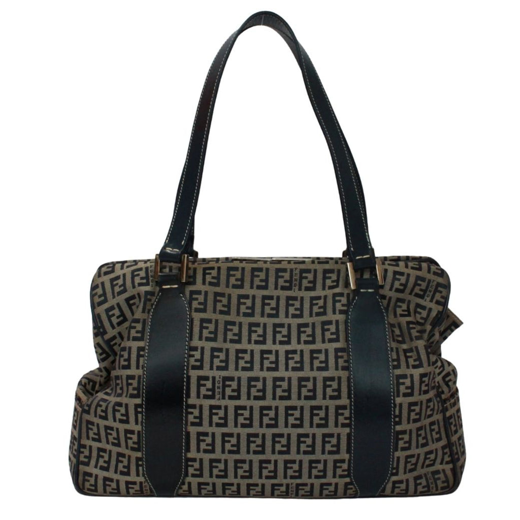 Fendi Zucchino Pattern Kiss Lock Leather Canvas Navy Tote Silver