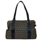 Fendi Zucchino Pattern Kiss Lock Leather Canvas Navy Tote Silver