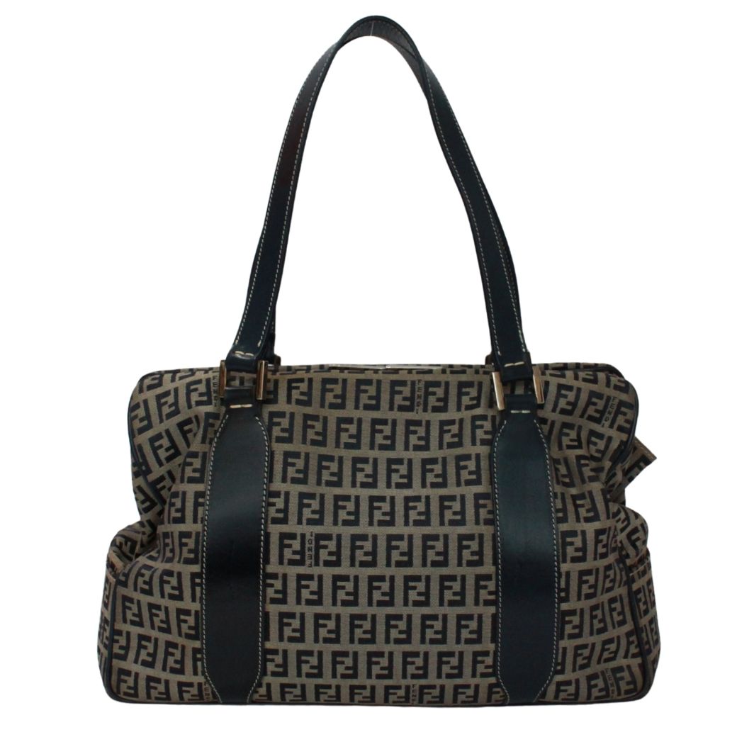 Fendi Zucchino Pattern Kiss Lock Leather Canvas Navy Tote Silver