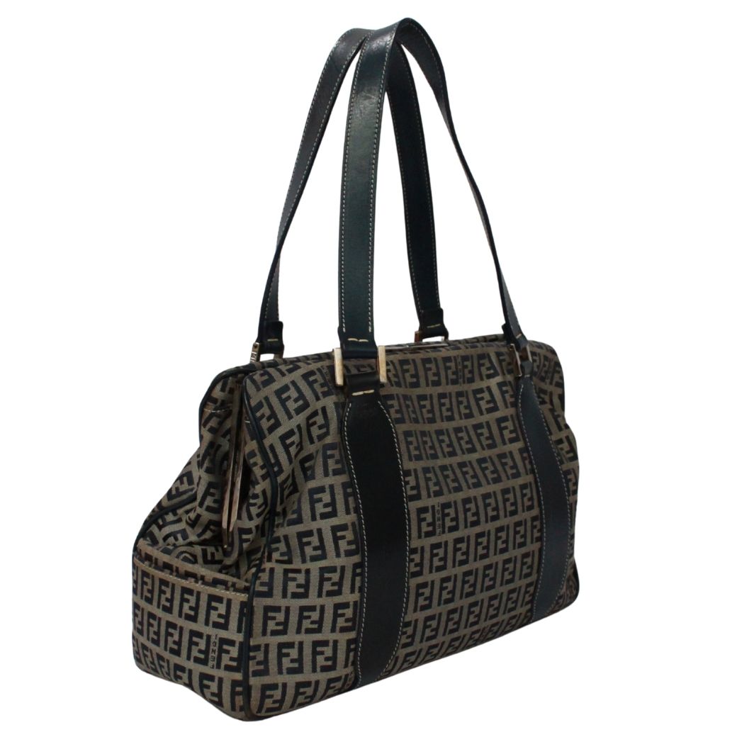 Fendi Zucchino Pattern Kiss Lock Leather Canvas Navy Tote Silver — view 2
