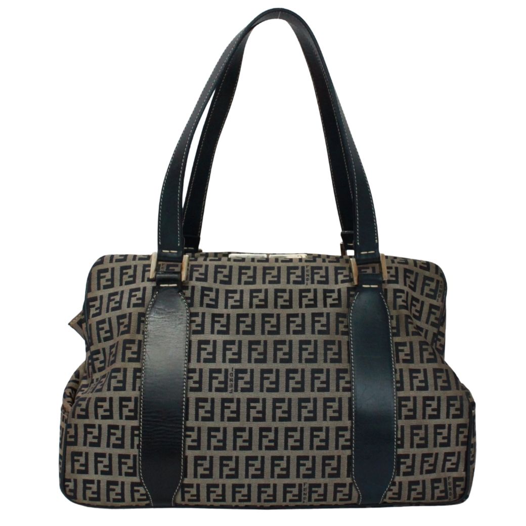 Fendi Zucchino Pattern Kiss Lock Leather Canvas Navy Tote Silver — view 3