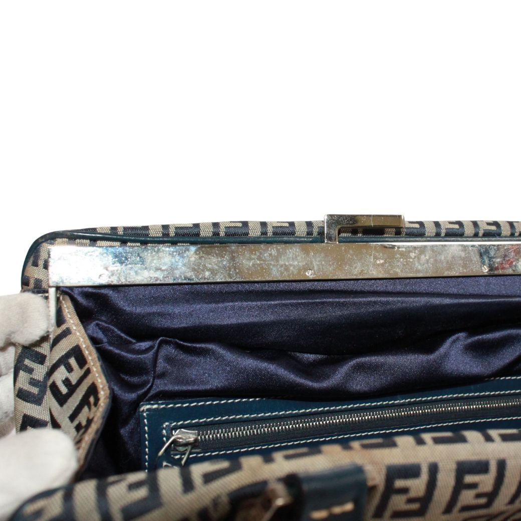 Fendi Zucchino Pattern Kiss Lock Leather Canvas Navy Tote Silver — view 9