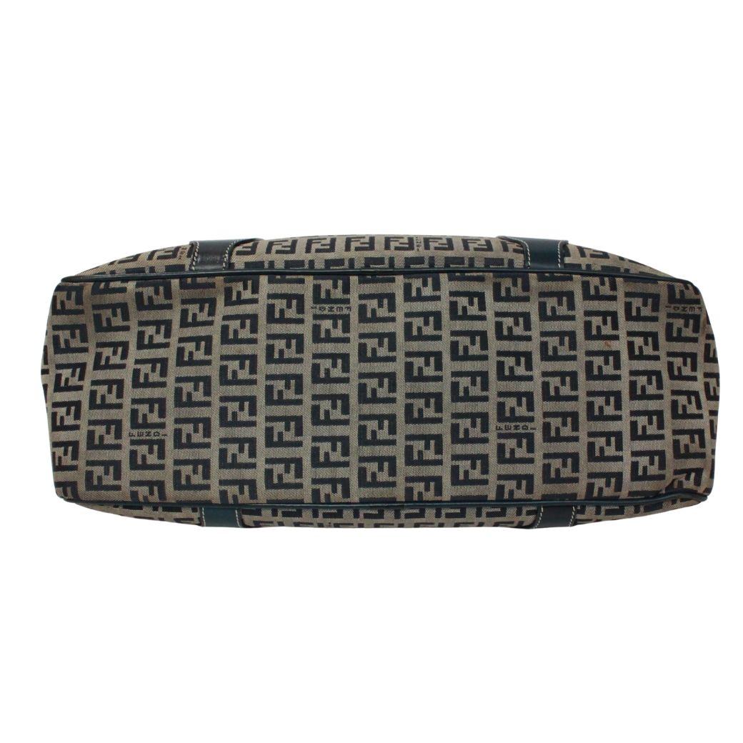 Fendi Zucchino Pattern Kiss Lock Leather Canvas Navy Tote Silver — view 4