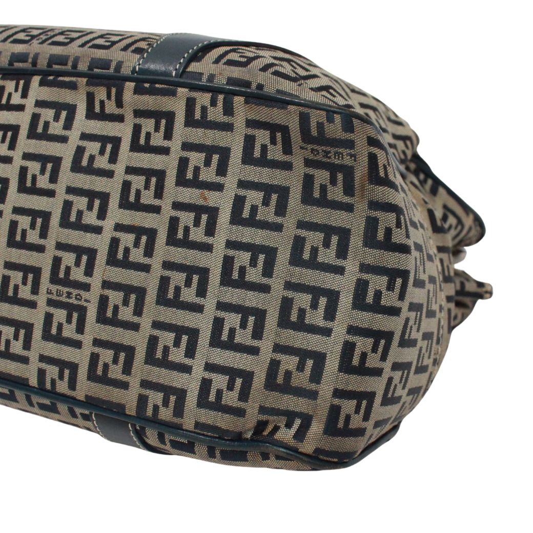 Fendi Zucchino Pattern Kiss Lock Leather Canvas Navy Tote Silver — view 5