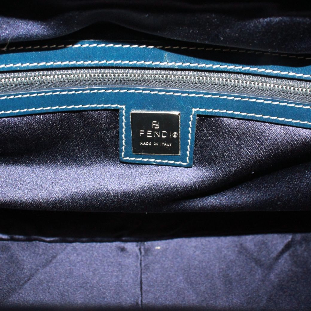 Fendi Zucchino Pattern Kiss Lock Leather Canvas Navy Tote Silver — view 8