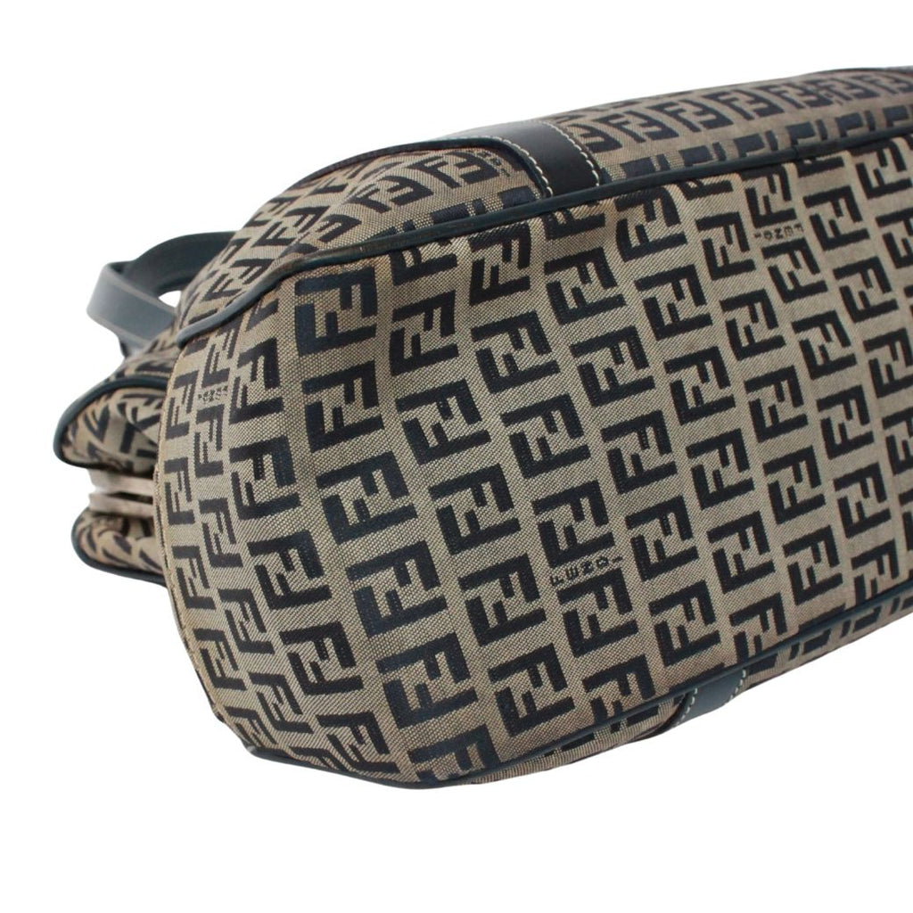 Fendi Zucchino Pattern Kiss Lock Leather Canvas Navy Tote Silver — view 6