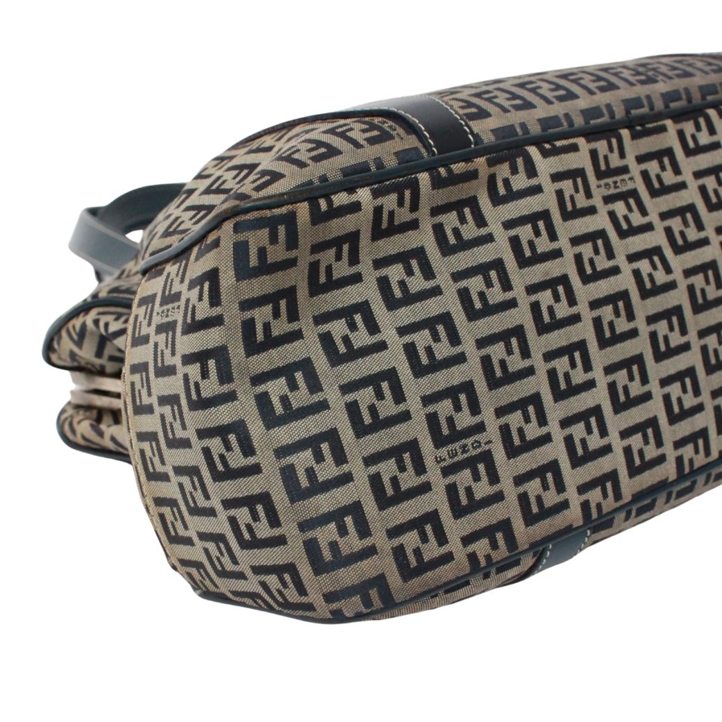 Fendi Zucchino Pattern Kiss Lock Leather Canvas Navy Tote Silver — view 6