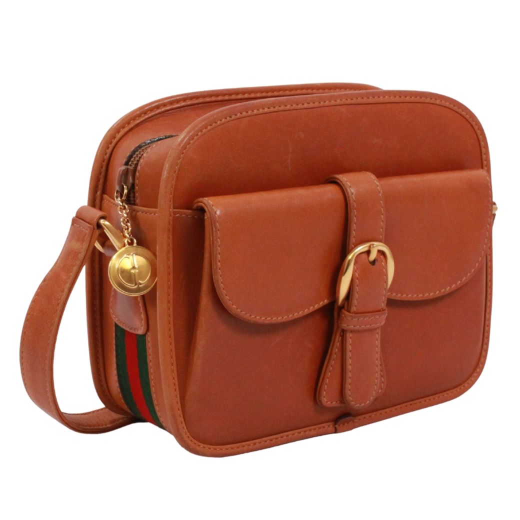 Gucci Vintage Sherry Line Leather Brown Shoulder Bag Gold — view 2
