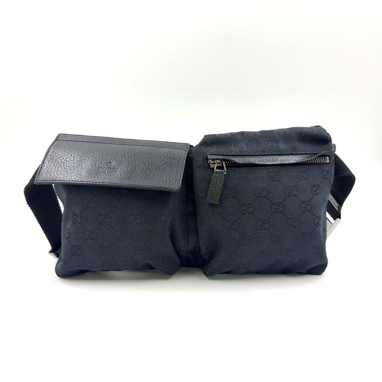 Gucci GG Canvas Leather Black Belt Bag Silver