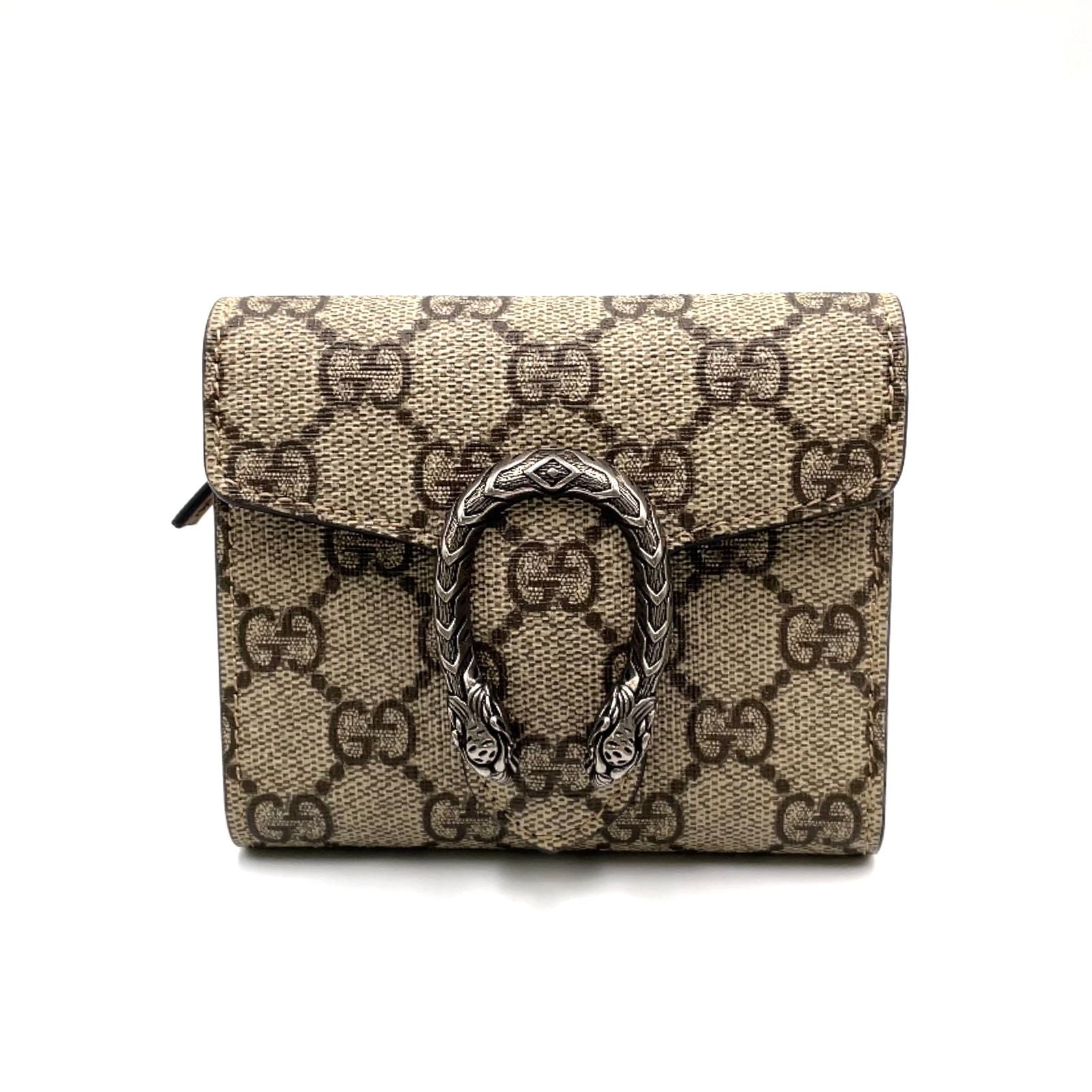 Gucci Dionysus GG Supreme Leather Beige Trifold Wallet Silver