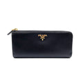 Prada Saffiano Metal Logo Zip Around Leather Black Wallet Gold