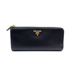 Prada Saffiano Metal Logo Zip Around Leather Black Wallet Gold