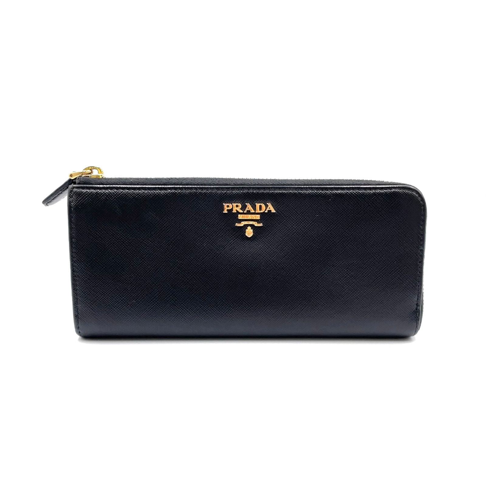 Prada Saffiano Metal Logo Zip Around Leather Black Wallet Gold