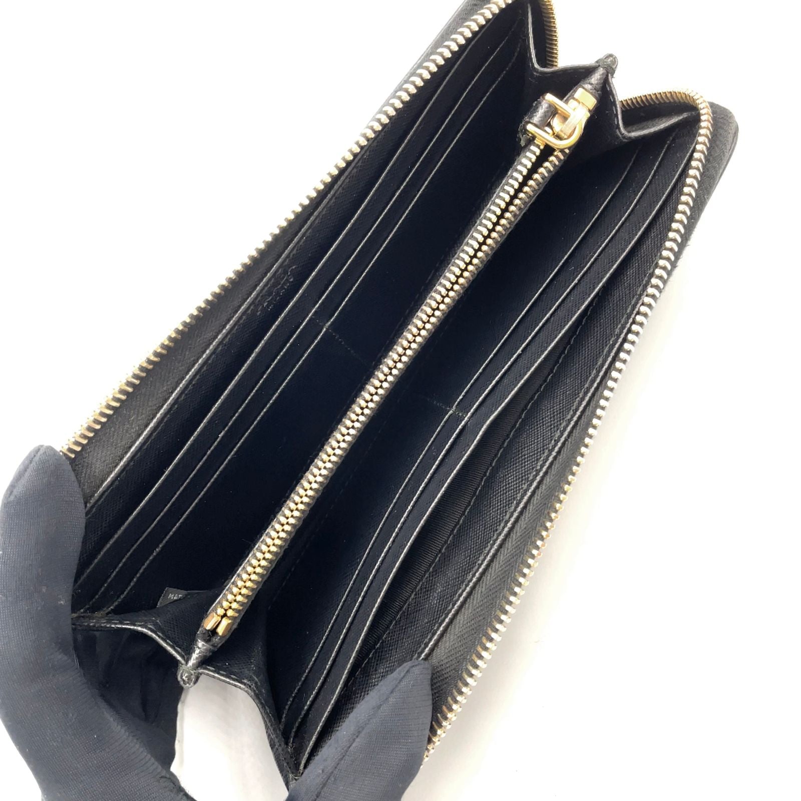 Prada Saffiano Metal Logo Zip Around Leather Black Wallet Gold — view 3