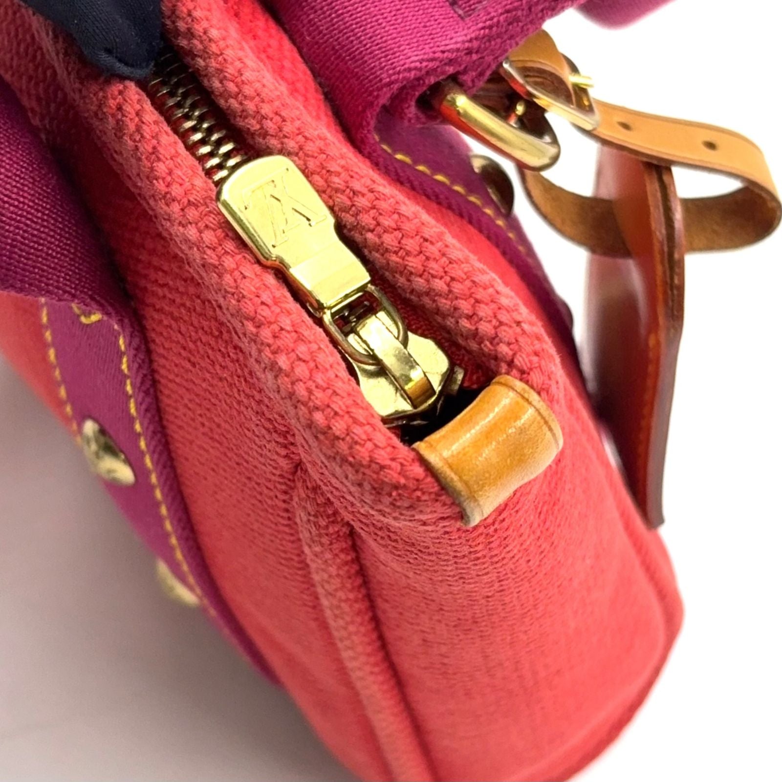 Louis Vuitton Cabas PM Antigua Leather Canvas Purple Light Brown Red Tote Gold — view 6