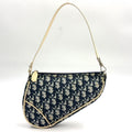 Dior Trotter Pattern Patent Leather Canvas Navy White Handbag Silver