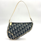 Dior Trotter Pattern Patent Leather Canvas Navy White Handbag Silver