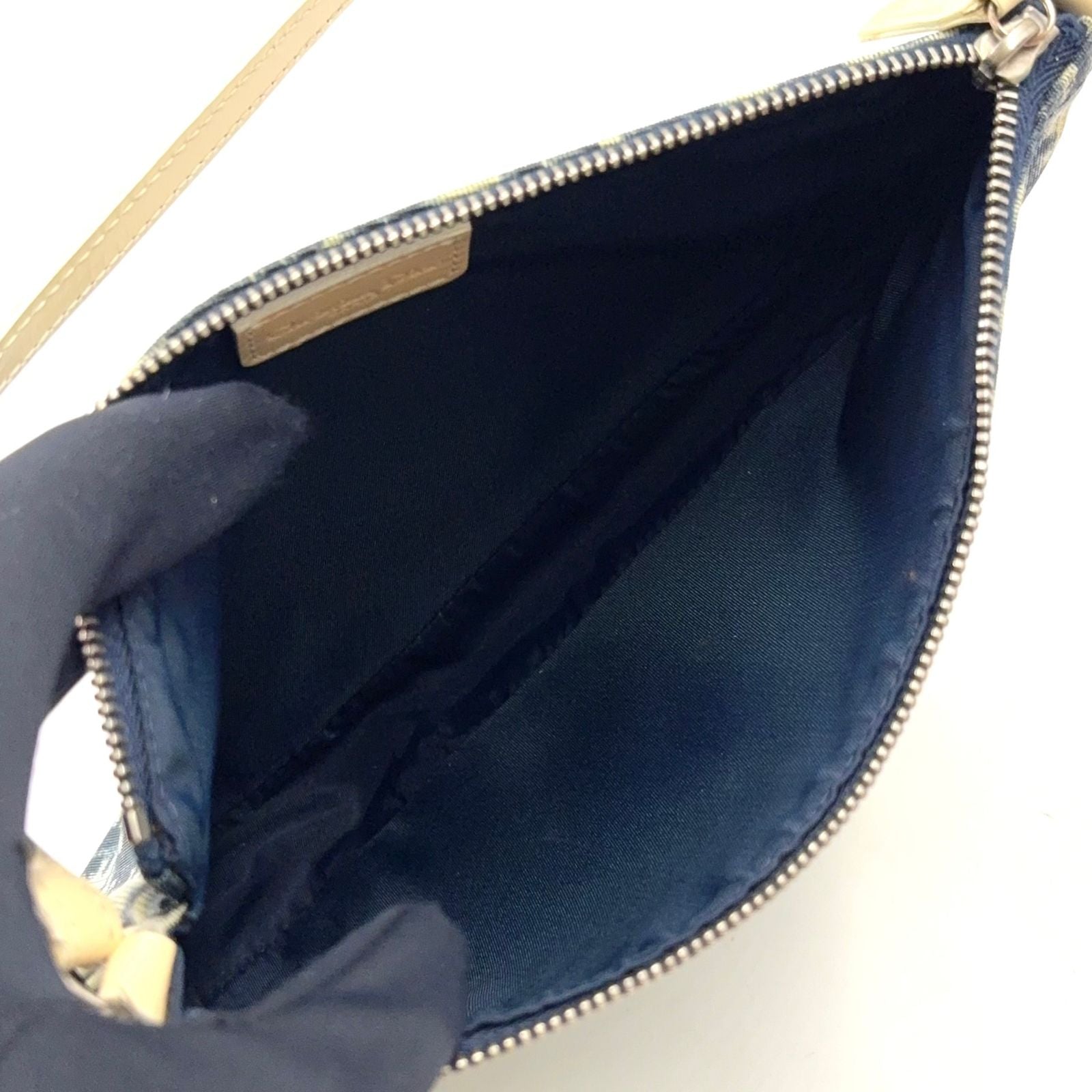 Dior Trotter Pattern Patent Leather Canvas Navy White Handbag Silver — view 3