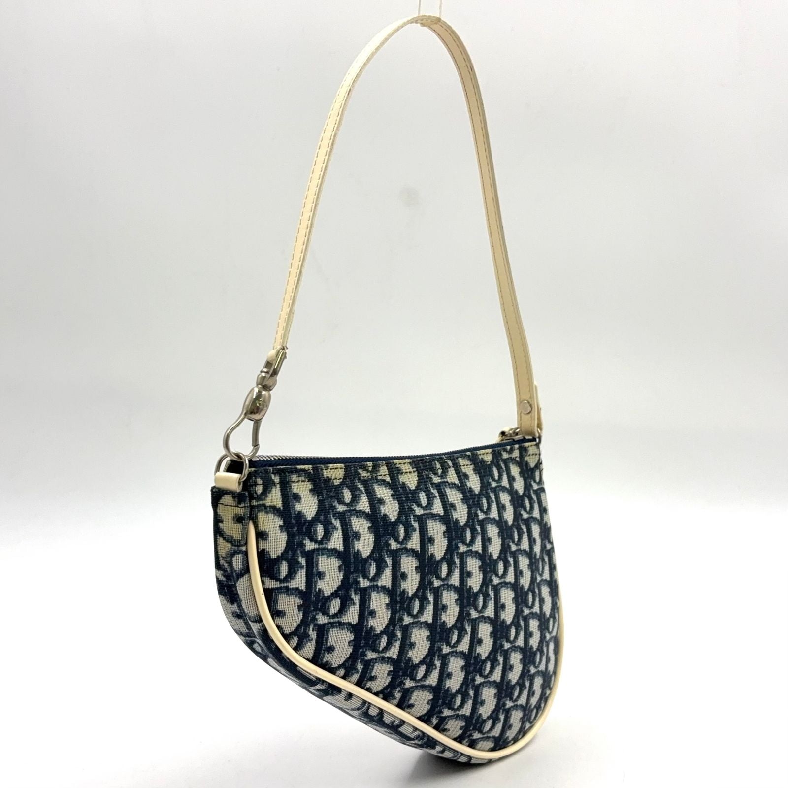 Dior Trotter Pattern Patent Leather Canvas Navy White Handbag Silver — view 2