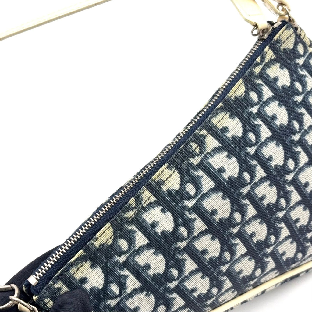 Dior Trotter Pattern Patent Leather Canvas Navy White Handbag Silver — view 8