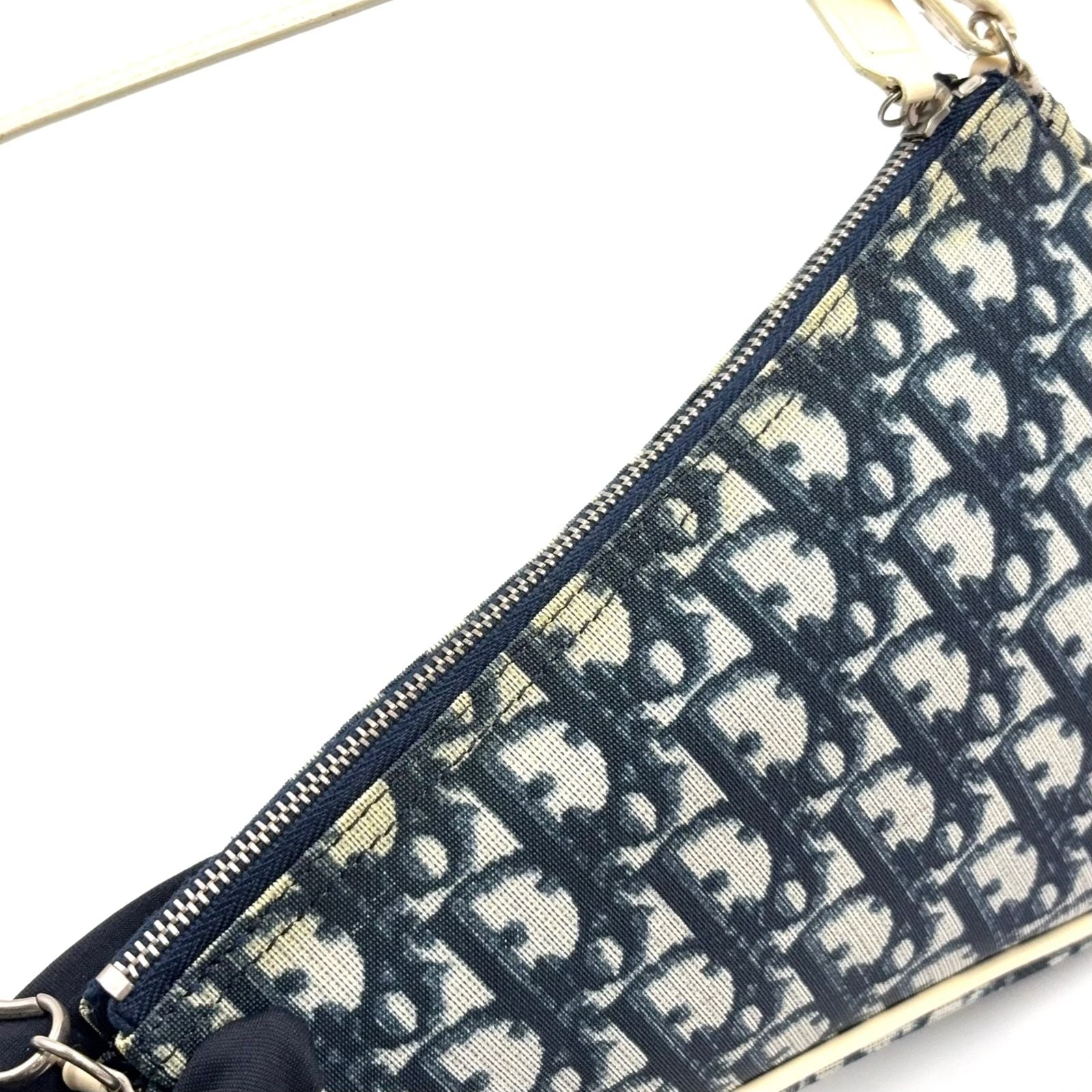Dior Trotter Pattern Patent Leather Canvas Navy White Handbag Silver — view 8