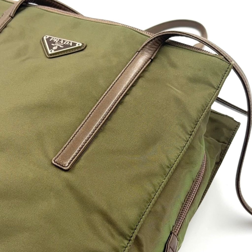 Prada Tessuto Nylon Leather Khaki Green Tote Silver — view 6