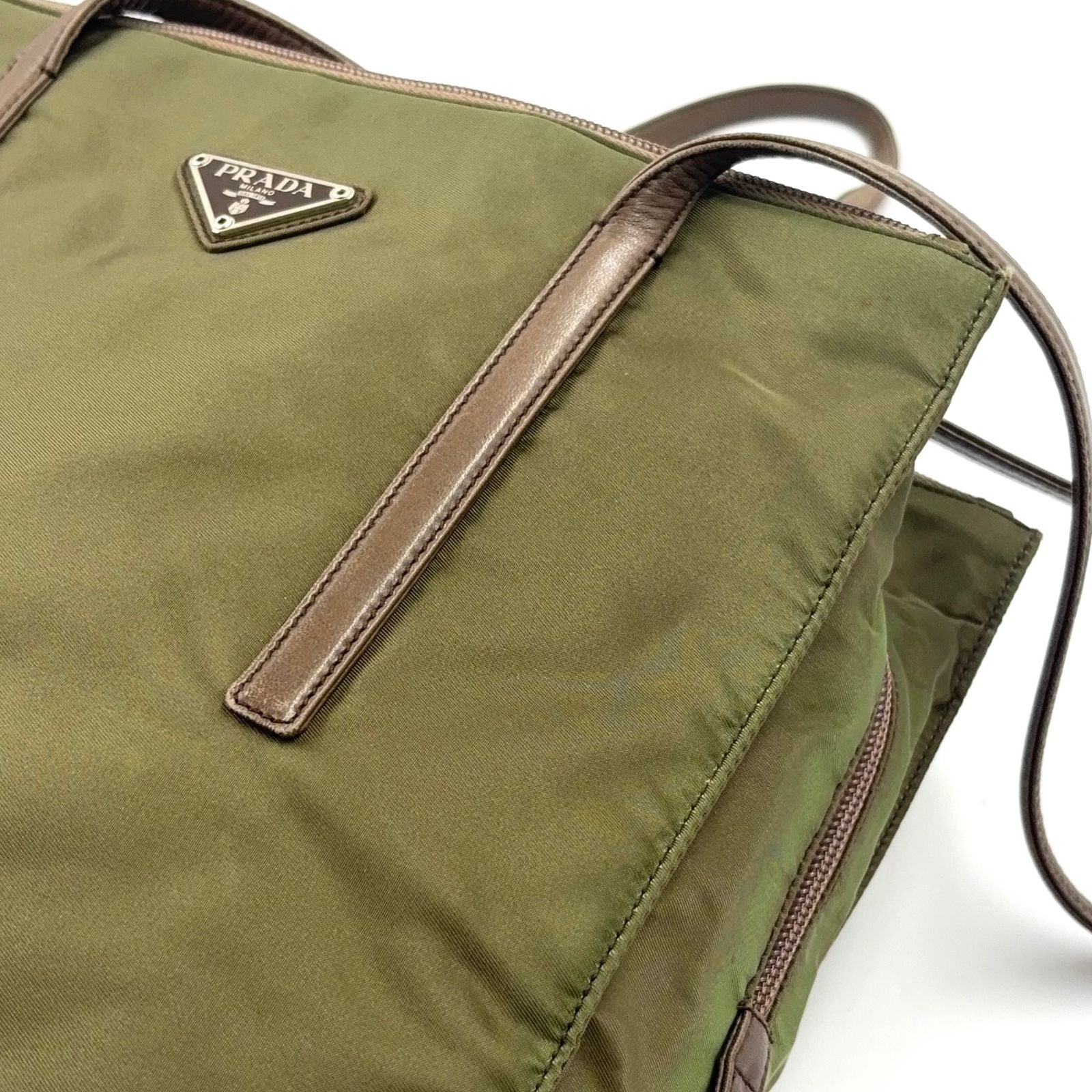 Prada Tessuto Nylon Leather Khaki Green Tote Silver — view 6