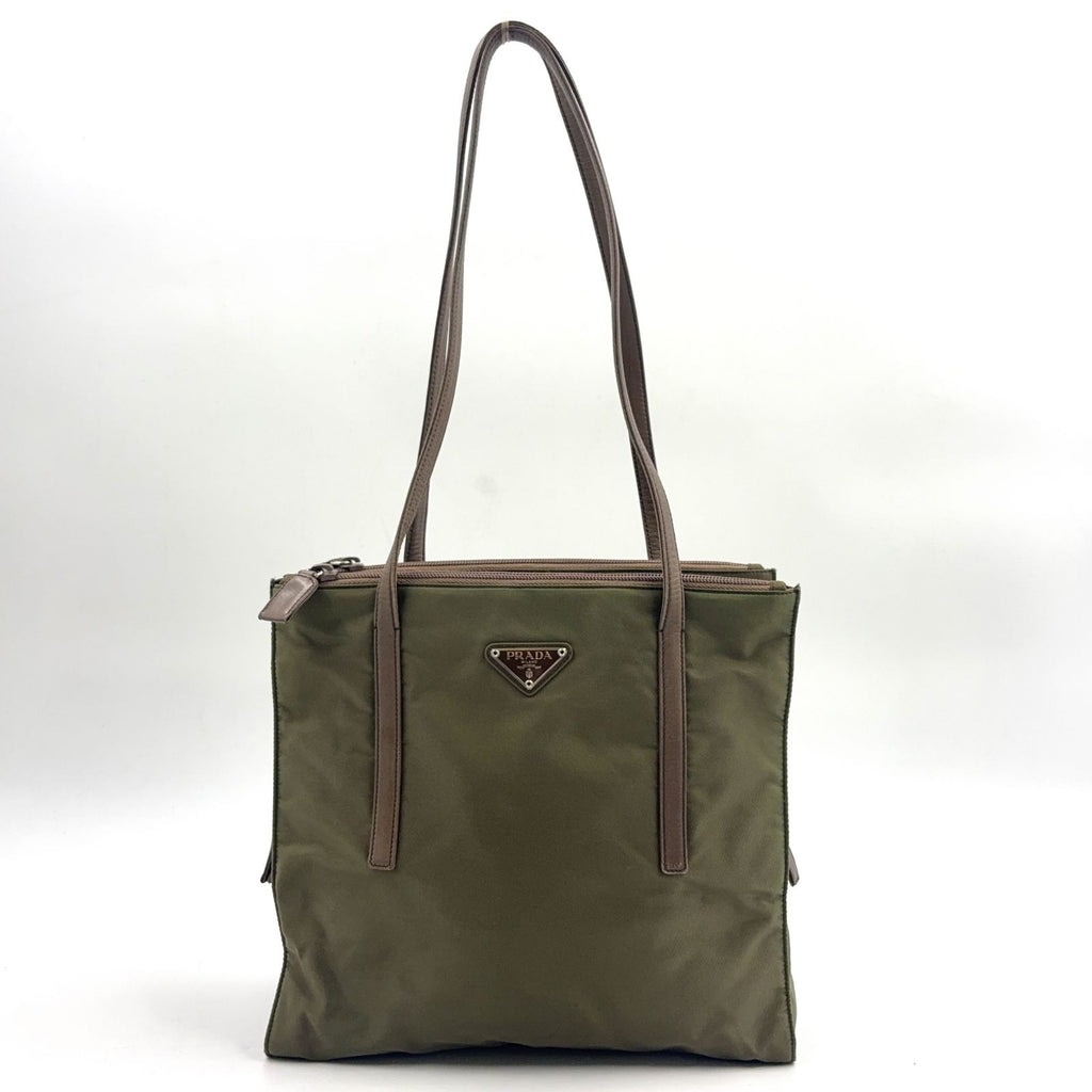 Prada Tessuto Nylon Leather Khaki Green Tote Silver