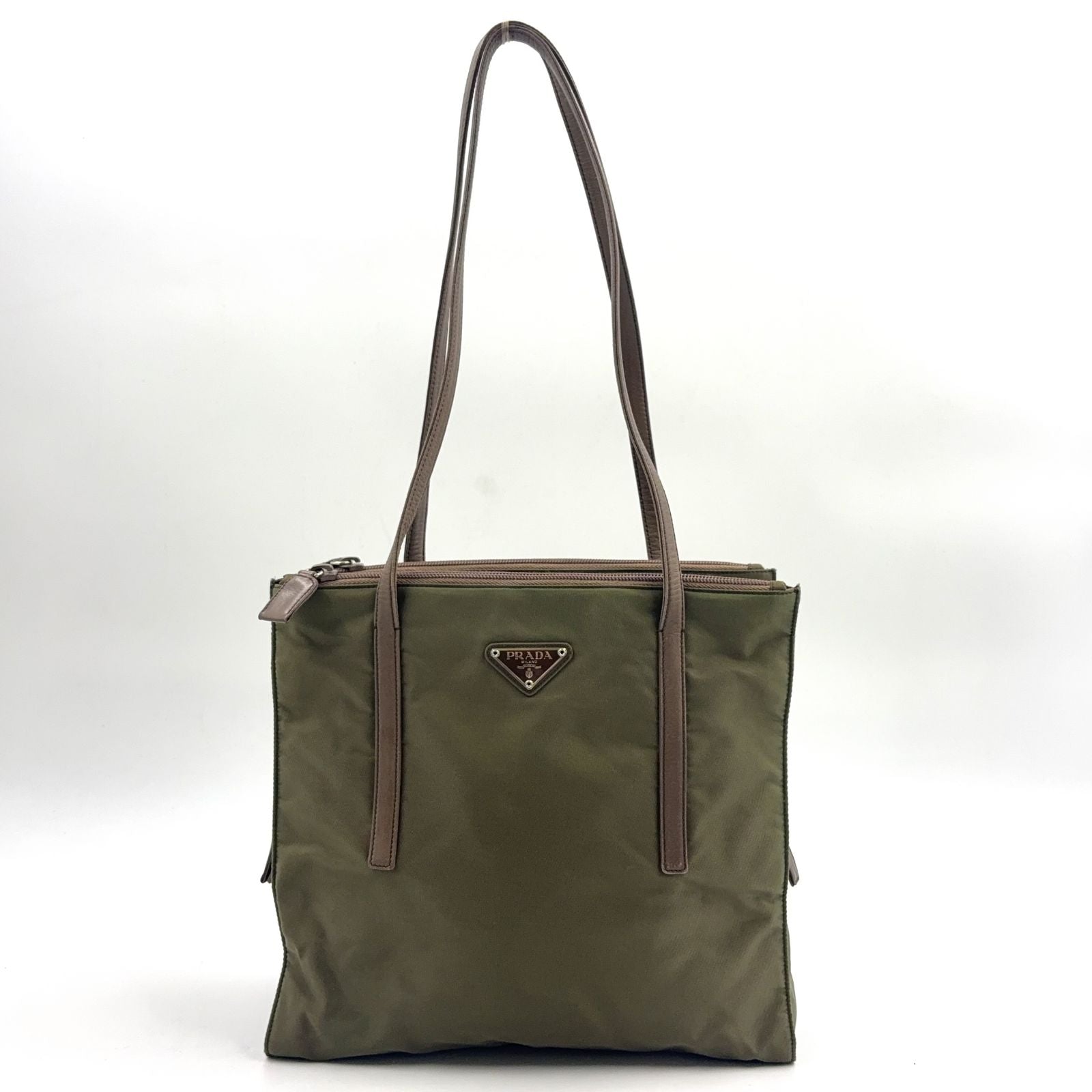 Prada Tessuto Nylon Leather Khaki Green Tote Silver