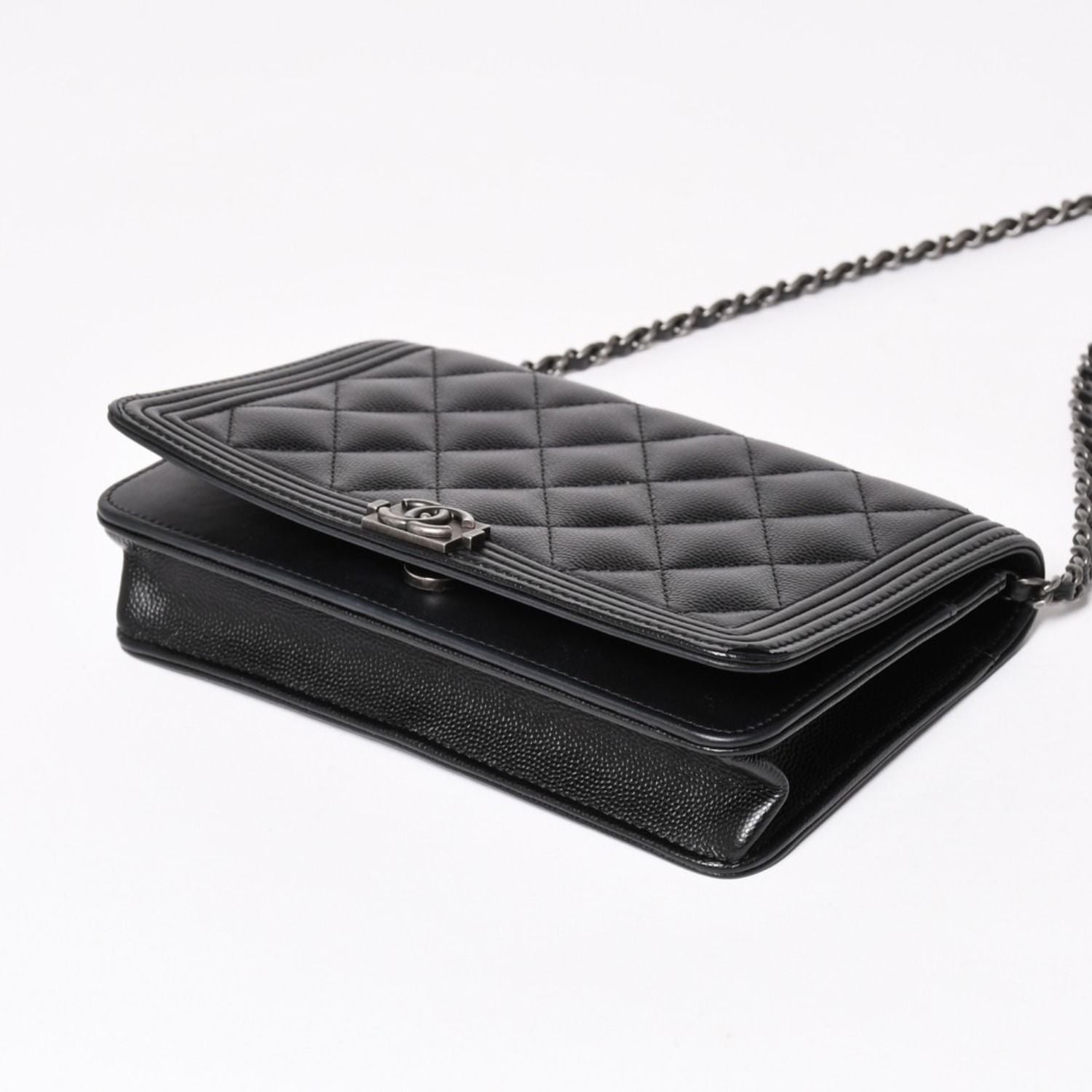 Chanel Boy Chain Shoulder Bag Caviar Leather CC Logo Black Silver — view 7