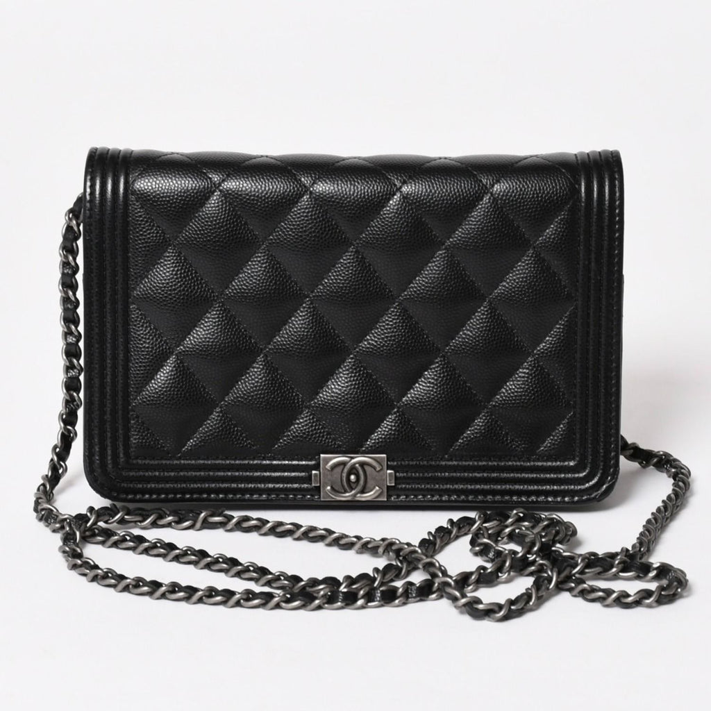 Chanel Boy Chain Shoulder Bag Caviar Leather CC Logo Black Silver