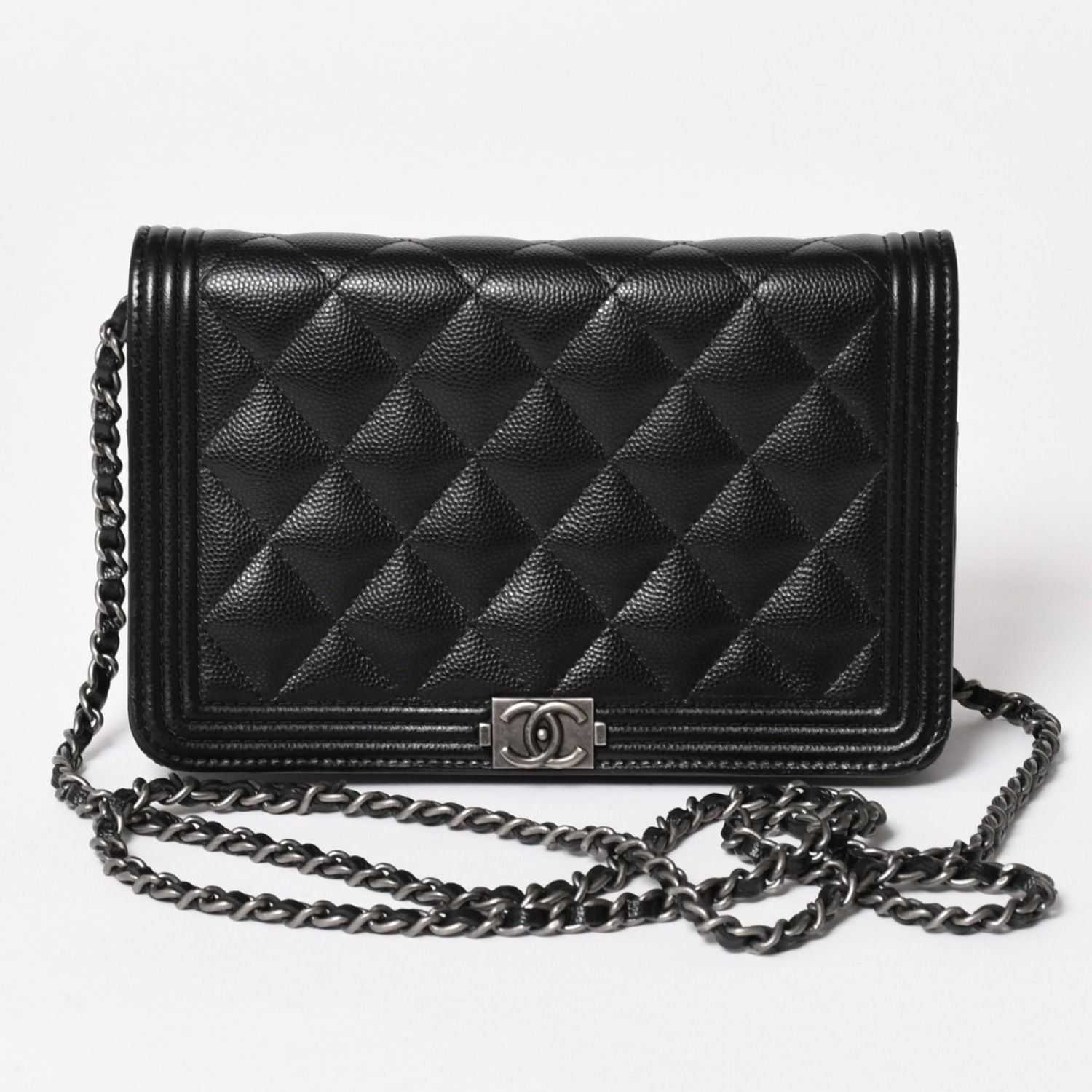 Chanel Boy Chain Shoulder Bag Caviar Leather CC Logo Black Silver