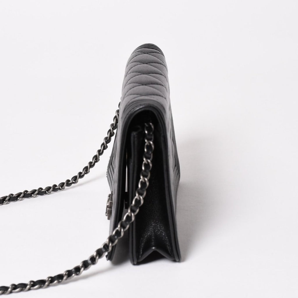Chanel Boy Chain Shoulder Bag Caviar Leather CC Logo Black Silver — view 4