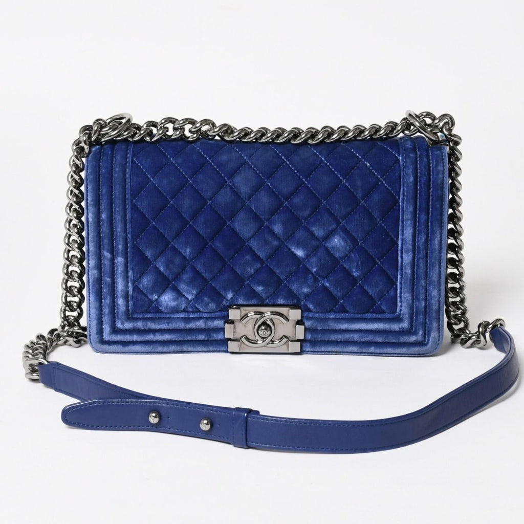 Chanel Boy Chain Shoulder Bag CC Logo Velvet Leather Blue
