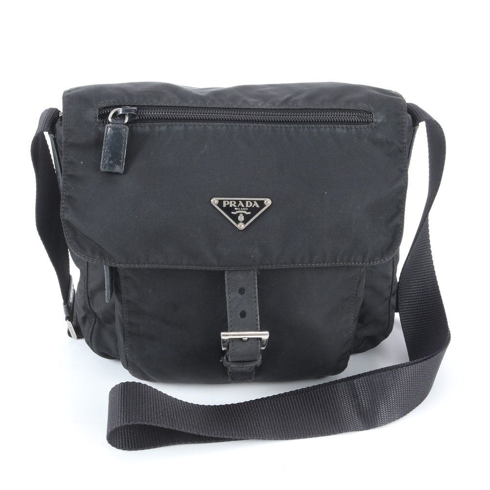 Prada Tessuto Nylon Triangle Logo Leather Shoulder Bag Crossbody Messenger Black